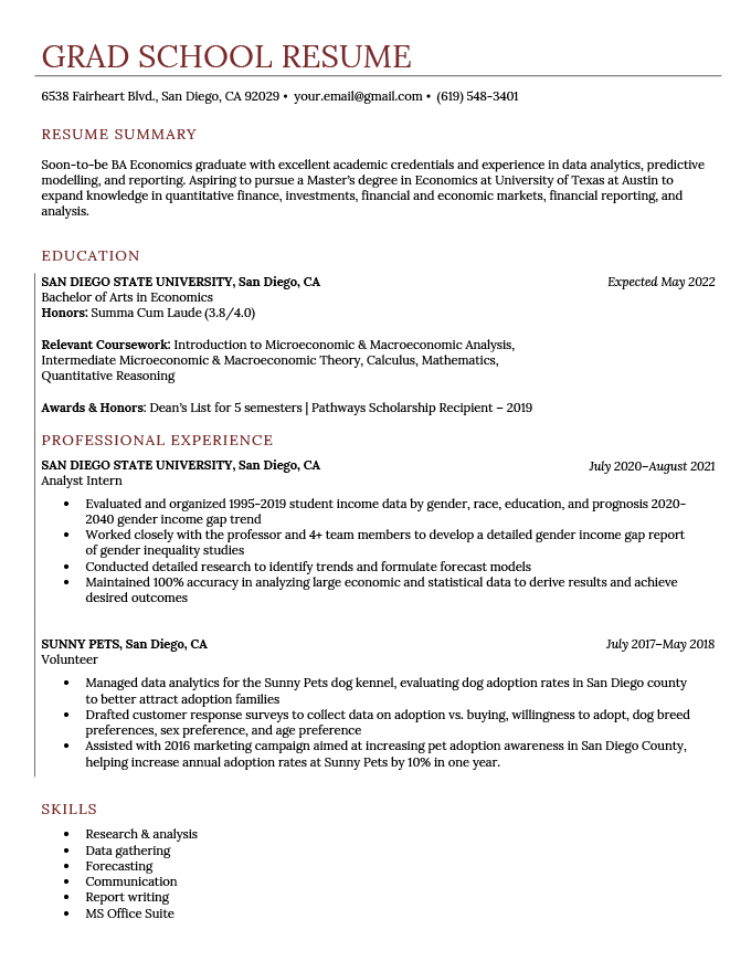 Grad School Resume