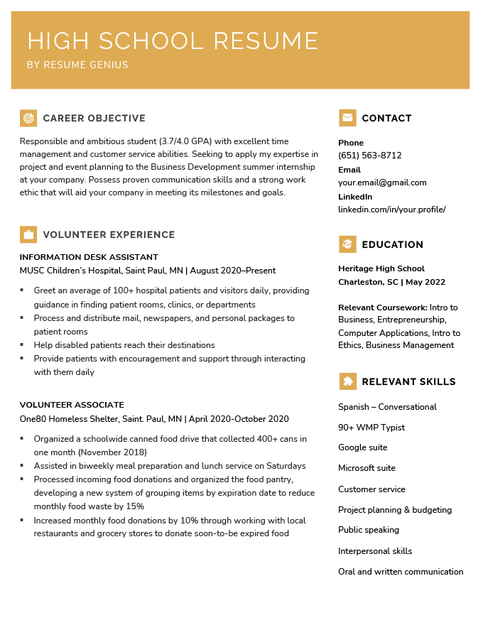 High School Resume Example 2